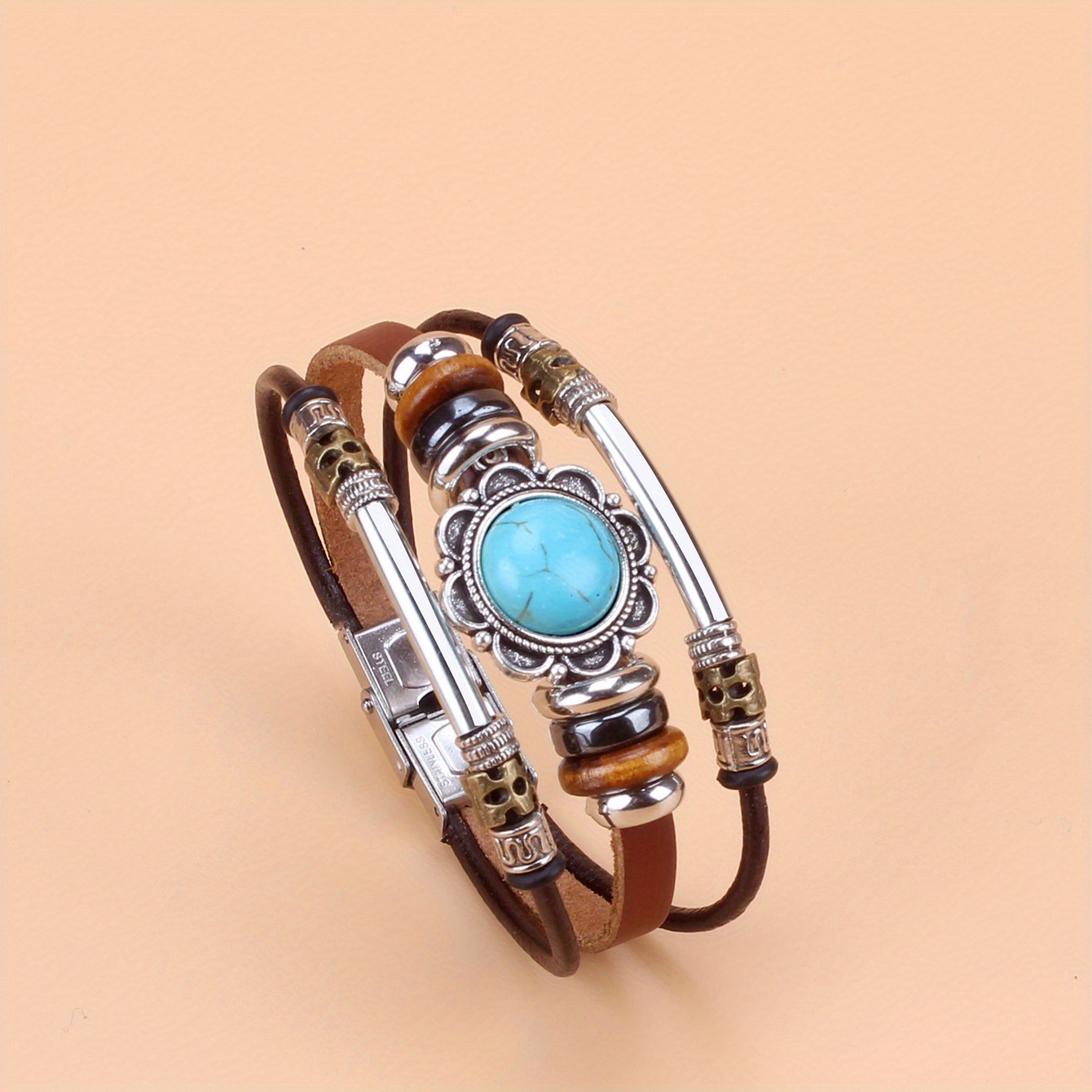 Men's And Women' Green Turquoise Beaded Real Leather Bracelet