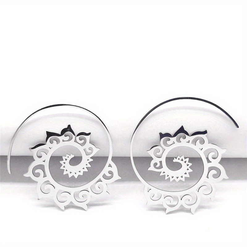 Image of Ethnic Stainless Steel Round Spiral Hoop Earrings Bohemian Mandala Flower Boho Earrings Jewelry