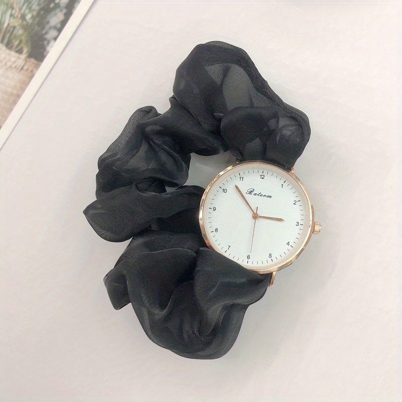 Cute Round Quartz Watch Sparkling Satin Hair Ring Strap Wrist Watch Women Casual Watch