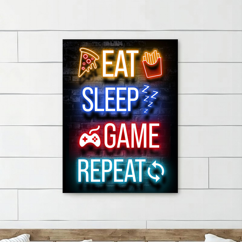 Art Poster Eat Sleep Game Repeat-Gaming Neon Quote