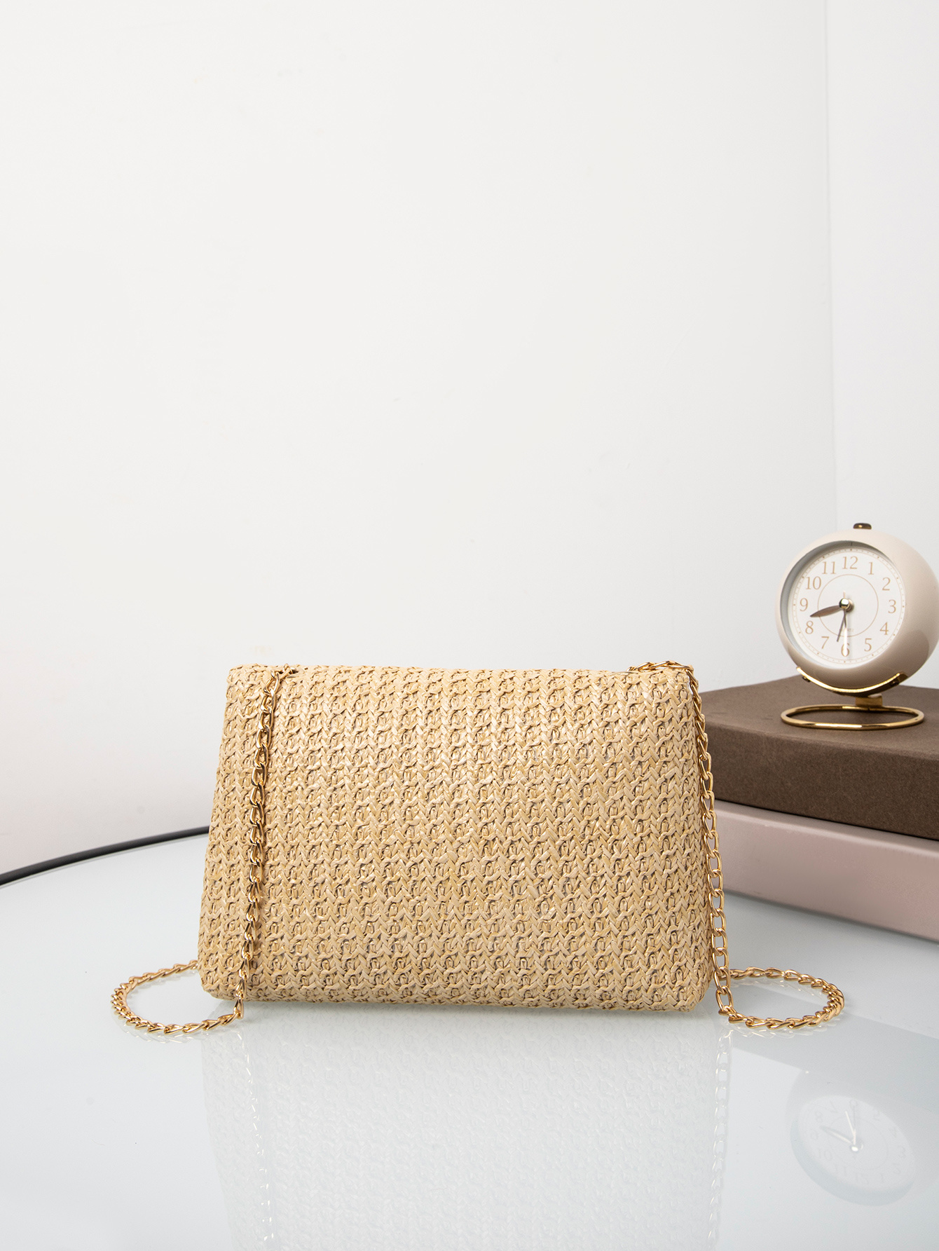 Leather Cross Woven Clutch Bag with Gold Chain