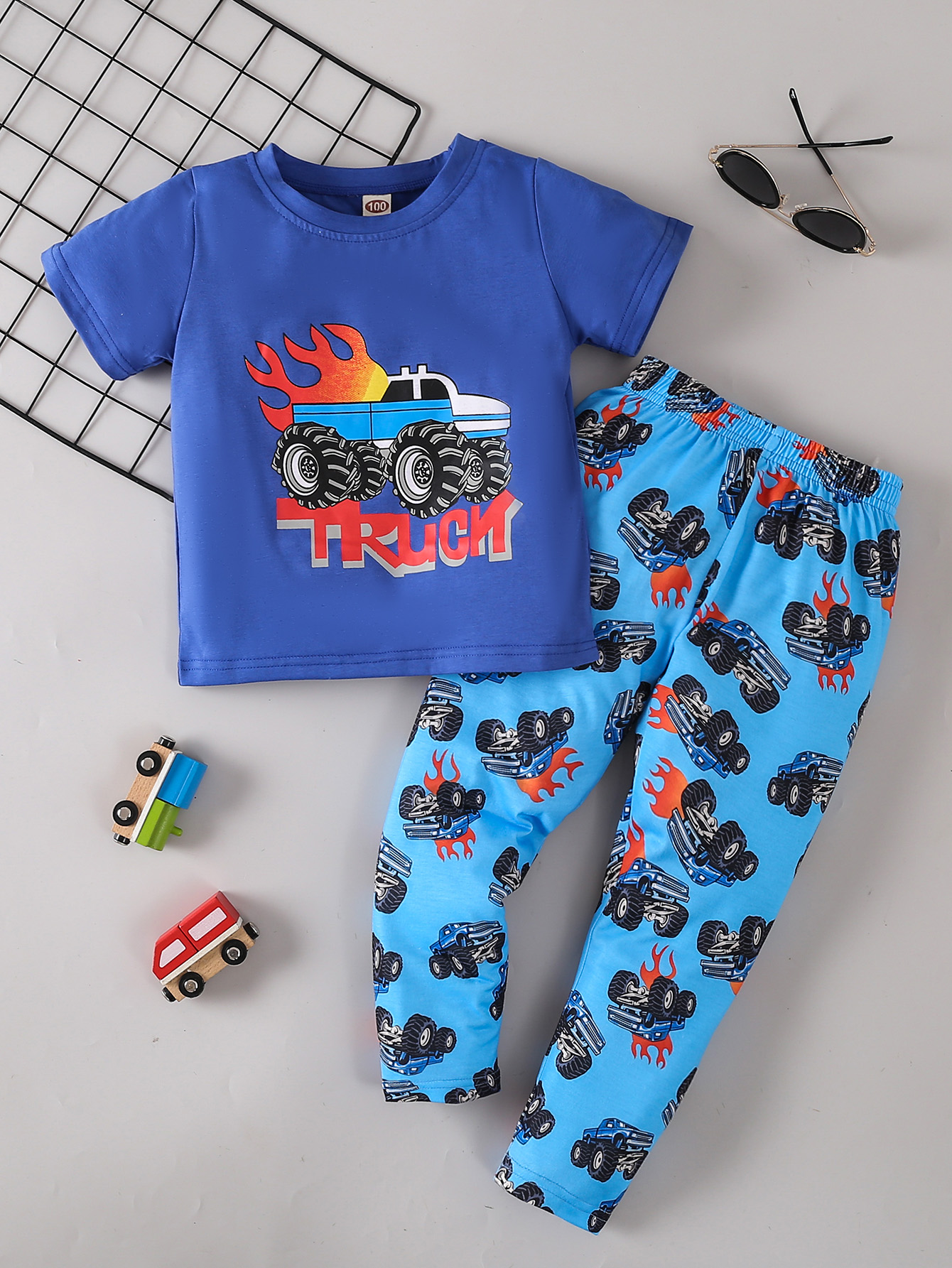 Boys Cartoon Truck Outfit Long Pants T shirt Short Sleeves - Temu ...