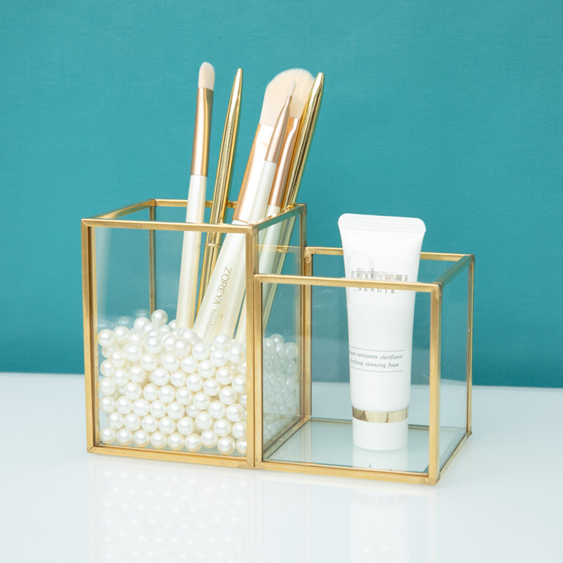Image of A Glass Mirror Makeup Brush Holder, Pencil Cup Suitable For Desks, A Golden Makeup Brush And Eyeliner Organizer, A Storage Box For Women's Dressing Tables, With 2 Compartments.