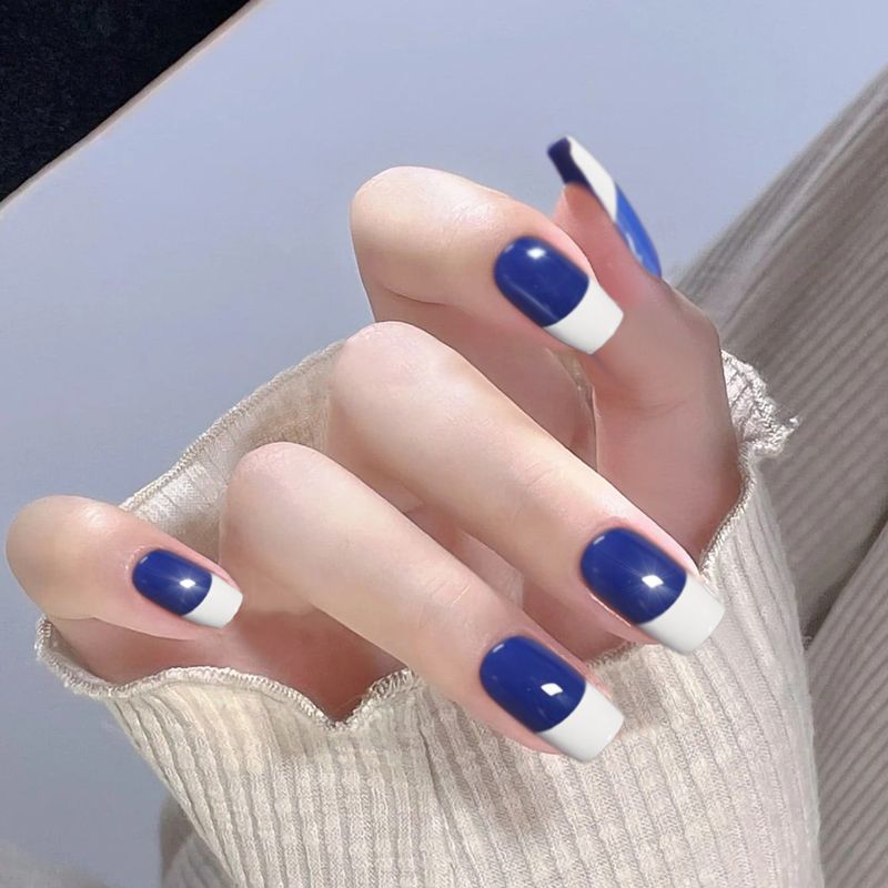 Press On Nails Short Square Fake Nails With White Tip Design Blue French  False Nails Full Cover Acrylic Nails For Women And Girls | Shop On Temu And  Start Saving | Temu