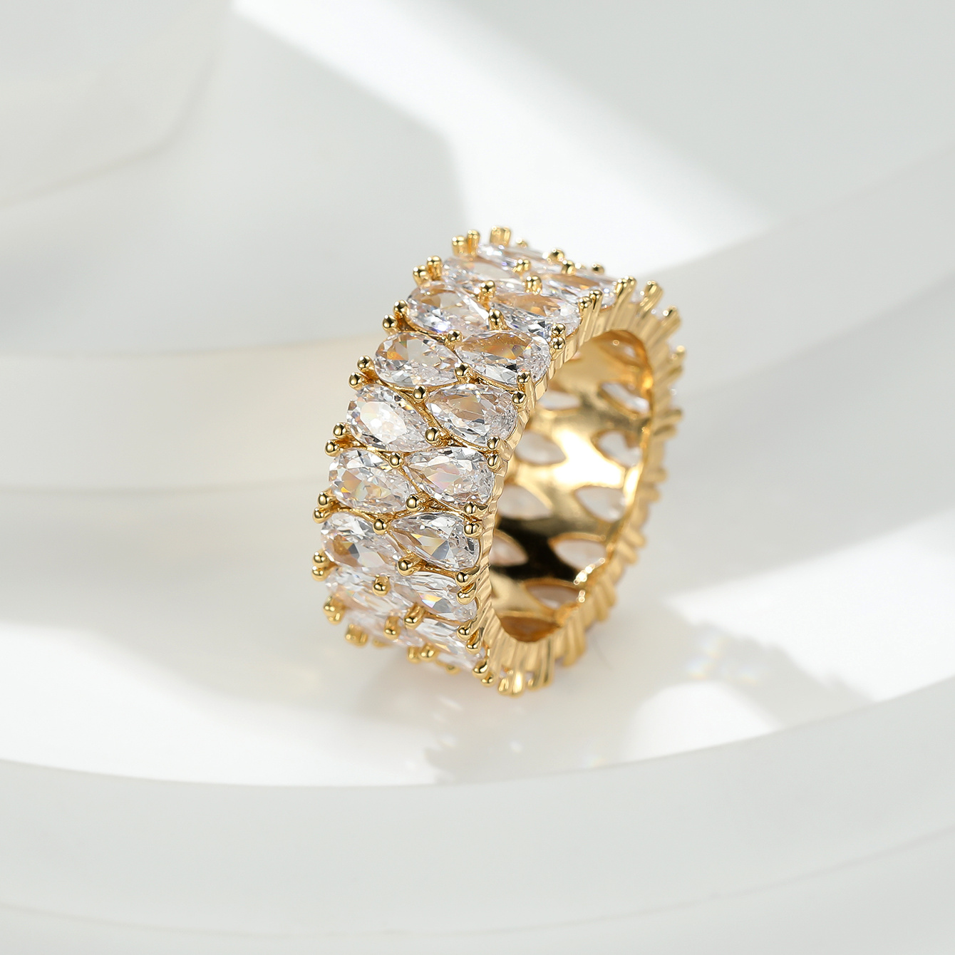 Image of A Wedding Ring, Featuring A Double Row Of White Diamonds In A Teardrop Design, This Exquisite April Birthstone Ring Synthetic Zirconia Is A Perfect Gift For Your Girlfriend