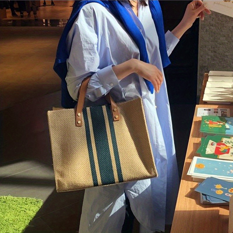 Women Canvas Tote Bag Casual Handbags Big Capacity Fashion Simple Stripe  Shoulder Bag Commuter Bag Purse
