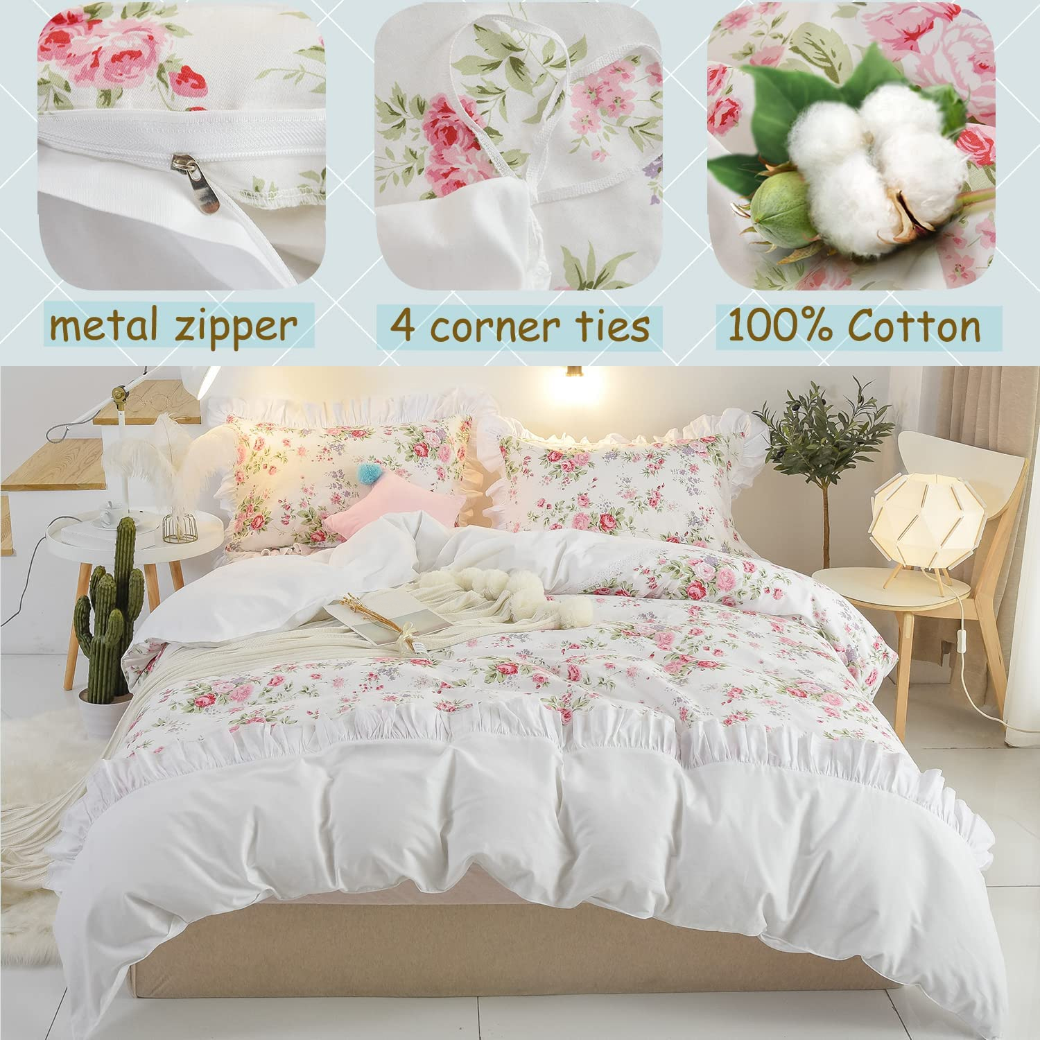 Pink Floral Ruffled Duvet Cover Set, Cotton Bedding Sets