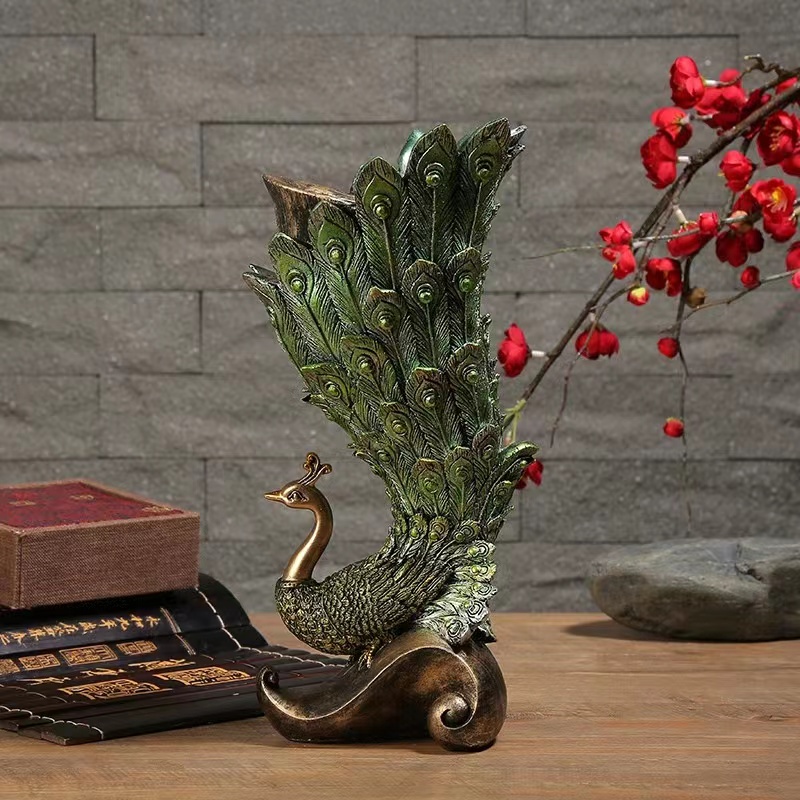Image of 1pc Creative European New Style Artificial Flower Insert Practical Novelty Craft Wedding Wine Cabinet Entrance Resin Ornament Peacock Vase