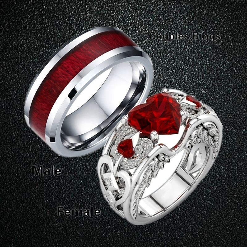 Stainless Steel Promise Wedding rings heart Imprint w/zircon Love