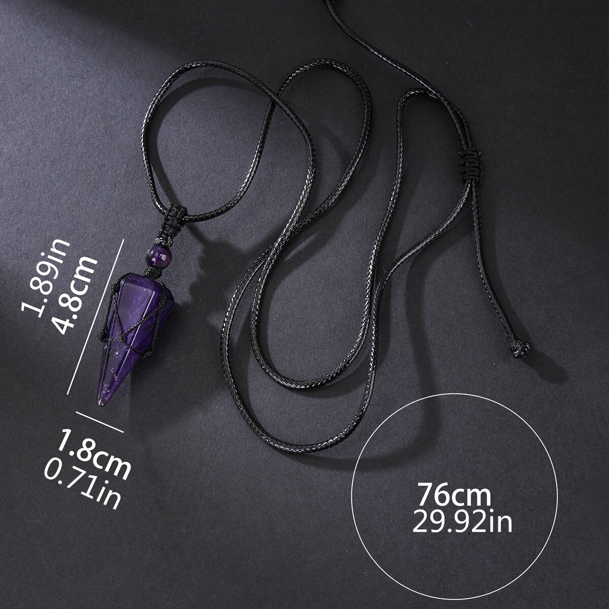 stylish mens natural amethyst crystal hexagonal cone pendant necklace with braided rope fashion accessory details 3