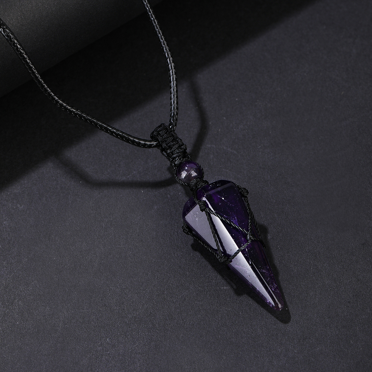 stylish mens natural amethyst crystal hexagonal cone pendant necklace with braided rope fashion accessory details 2