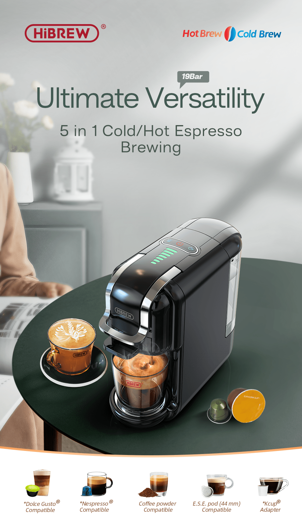 HiBREW Coffee Machine Cafetera Hot/Cold 5in1 Multiple 19Bar Dolce Gusto  Milk&Nexpresso Capsule ESE pod Ground Coffee H3A