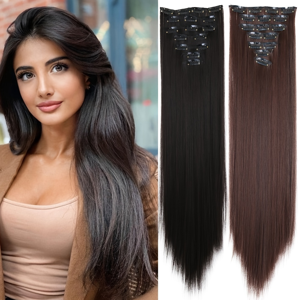 6Pcs/Set 24 16 clips Long Straight Synthetic Hair Extensions Clips in High  Temperature Fiber Ombre Black Brown Blonde Hairpiece