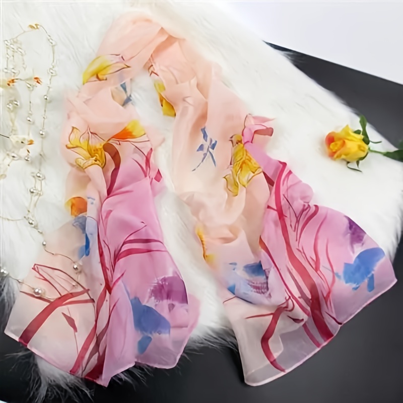 Chiffon Scarf Ink Flower Print Shawl Head Wrap Bandana Beach Towel