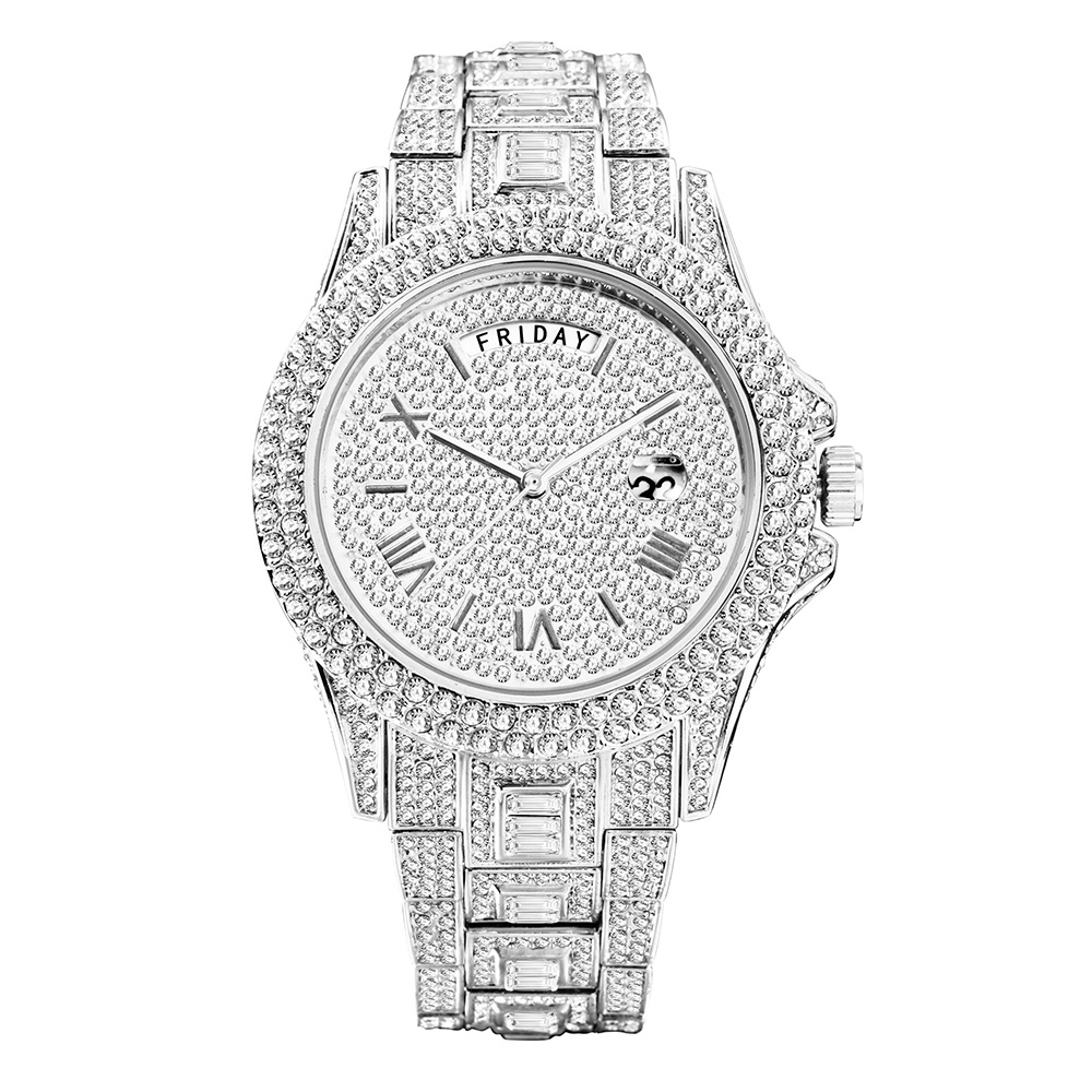- Temu Watch - Accessories Double Waterproof Quartz & Wrist Watch Iced Silver Calendar Golden Zircon Mens 1pc Luxury Mens Jewelry