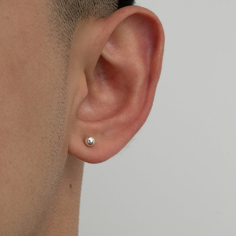 Silver Small Round Bead Stud Earrings for Men