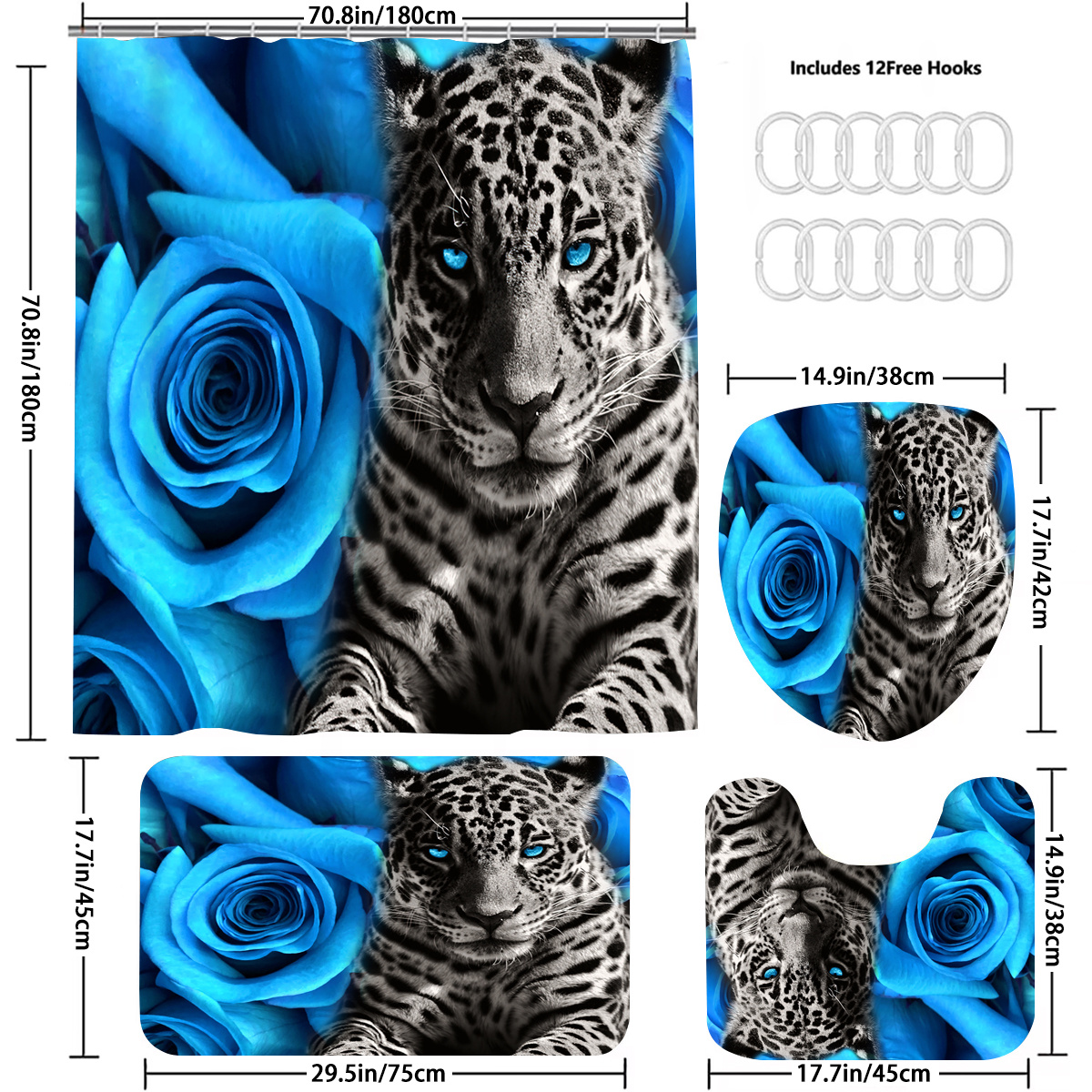 18 pc Animal Print Shower Curtain and Bath Mat set