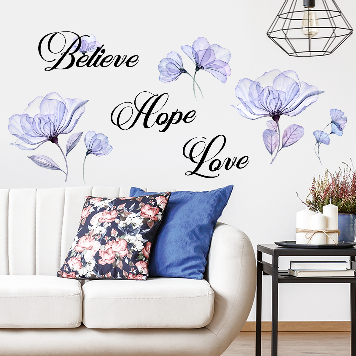 1pc Fiore viola Citazioni ispiratrici Wall Sticker, Believe Hope Love  Decalcomania da muro, Decalcomanie da muro rimovibili per camera da letto