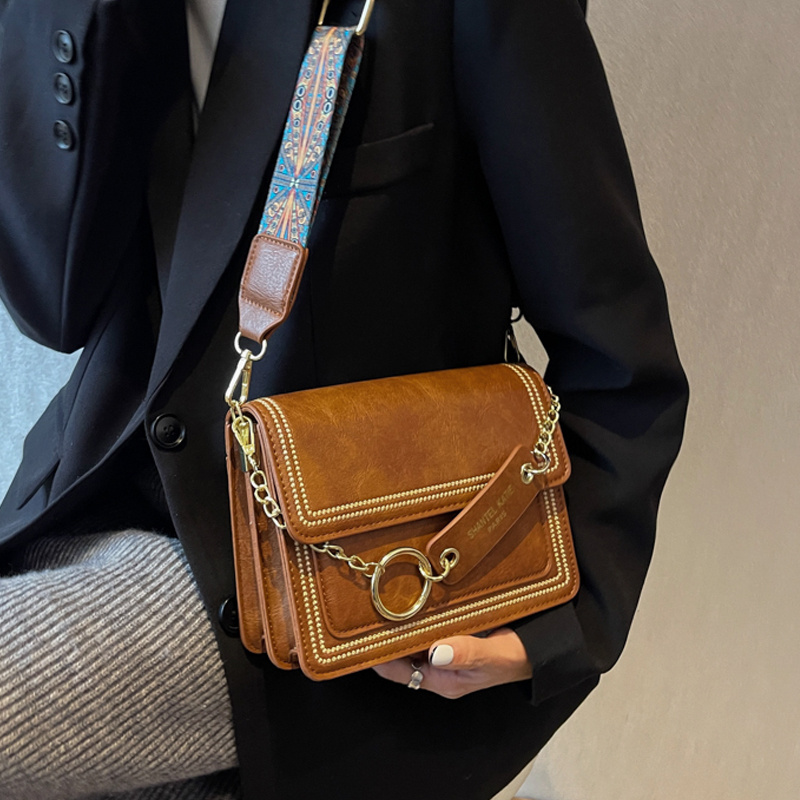 Chain Decor Square Crossbody Bag, Small Stitch Detail Flap Purse, Women's  Faux Leather Shoulder Bag - Temu