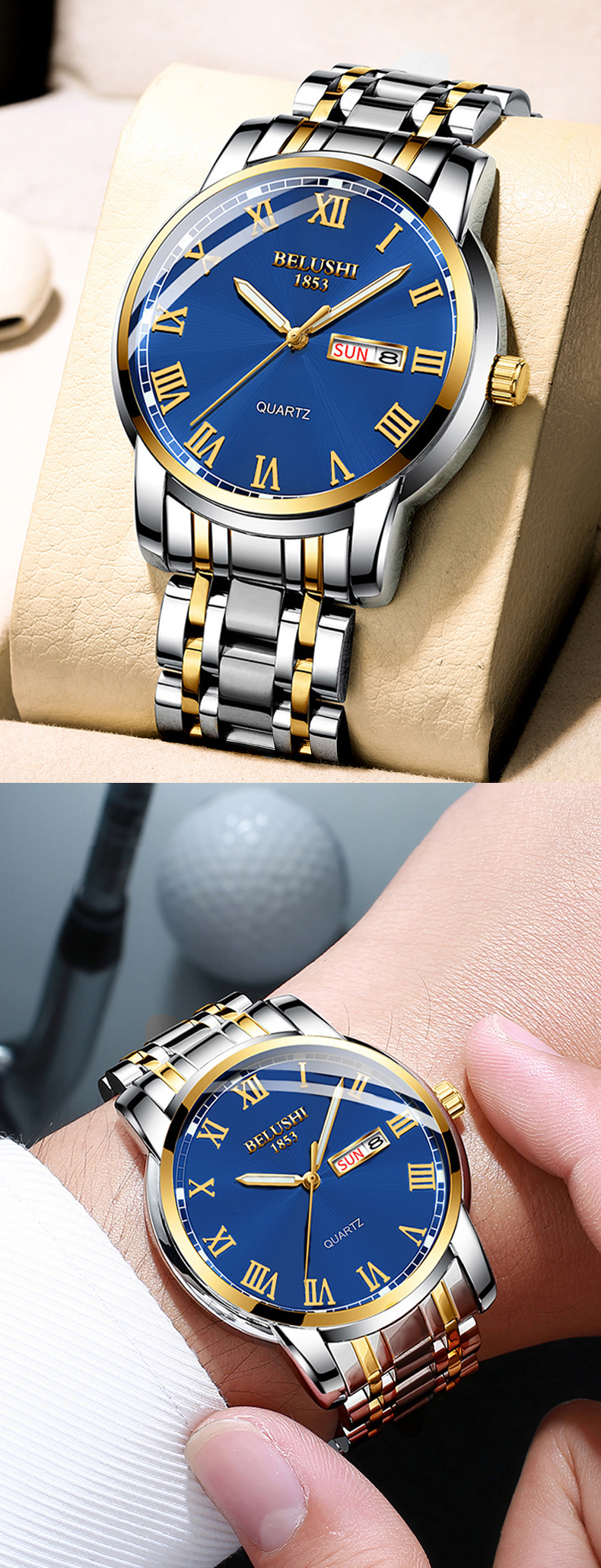 best sales belushi luminous dial steel strap watch mens waterproof quartz watch details 7