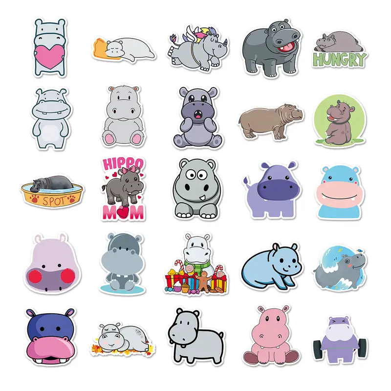 50pcs Cute Cartoon Hippo Animal Stickers Waterproof Stickers Decals For Car Motorcycle Laptop Luggage Water Bottle Skateboard Decor Accessories