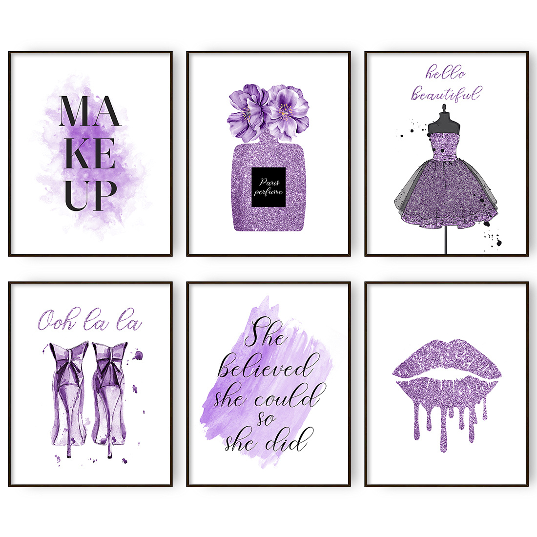 Purple Flower Perfume Fashion Canvas Wall Art Prints Set Wall