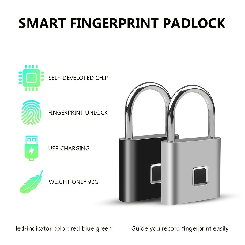 USB Rechargeable Door Smart Lock Fingerprint Padlock Quick Unlock Zinc Alloy Metal High Identify Security Lock Gift For Birthday/Easter/Boy/Girlfriends