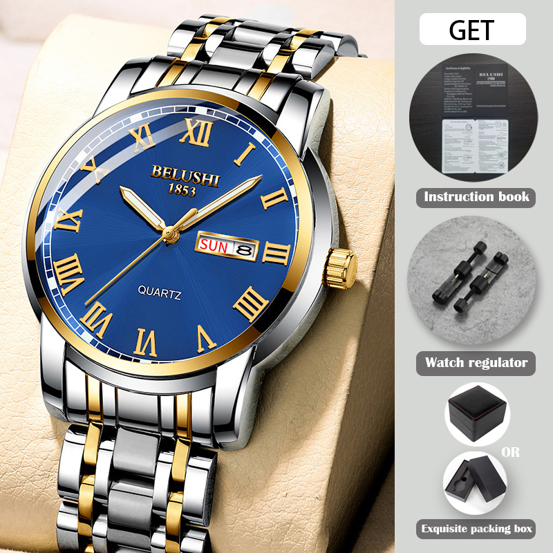 best sales belushi luminous dial steel strap watch mens waterproof quartz watch details 2