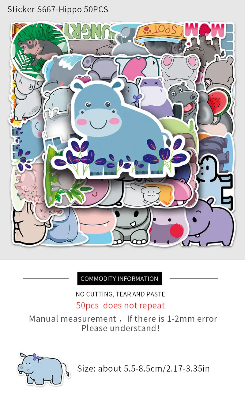 50pcs Cute Cartoon Hippo Animal Stickers Waterproof Stickers Decals For Car Motorcycle Laptop Luggage Water Bottle Skateboard Decor Accessories