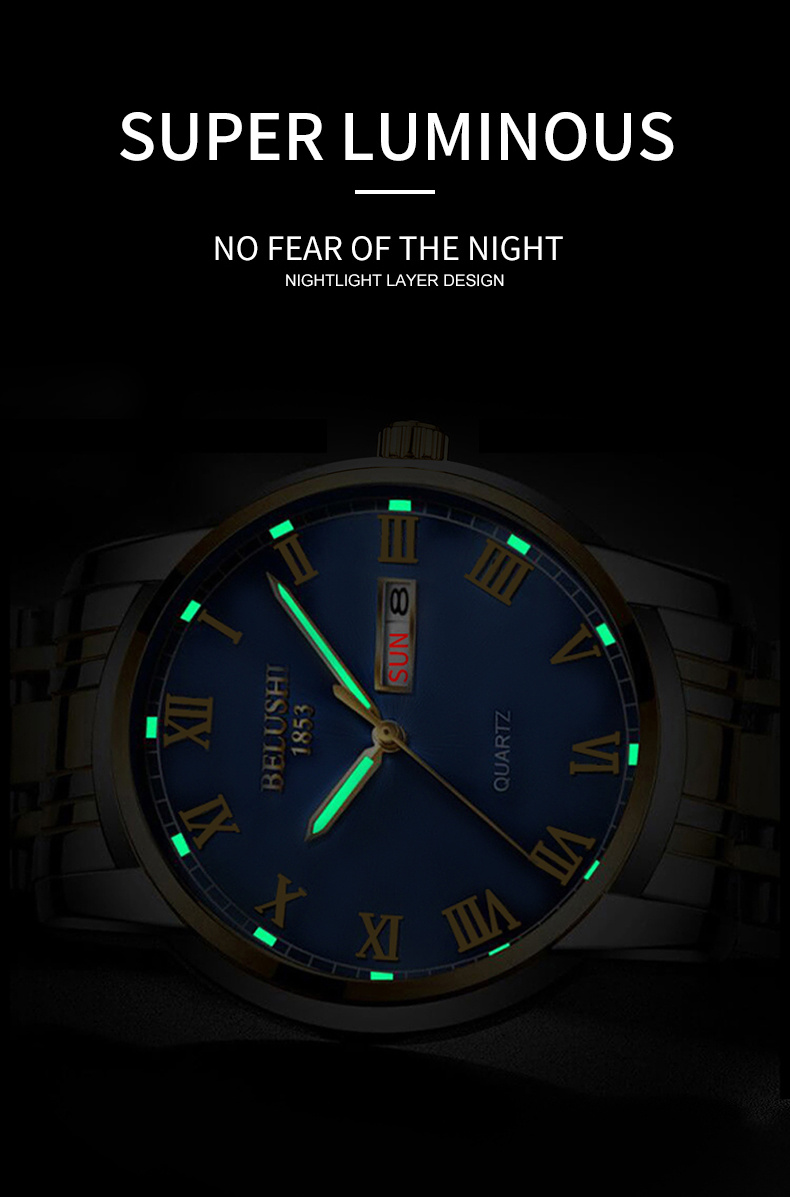 best sales belushi luminous dial steel strap watch mens waterproof quartz watch details 4