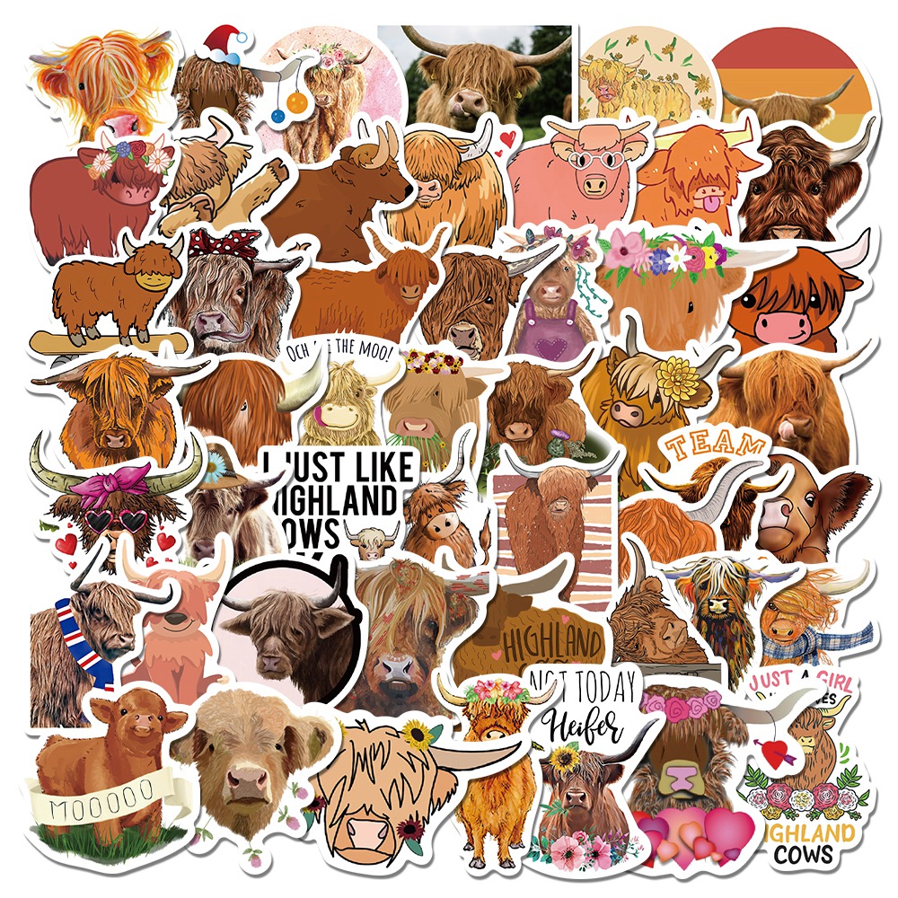 50pcs Highland Cattle Stickers Perfect Highland Cow Decals Stickers