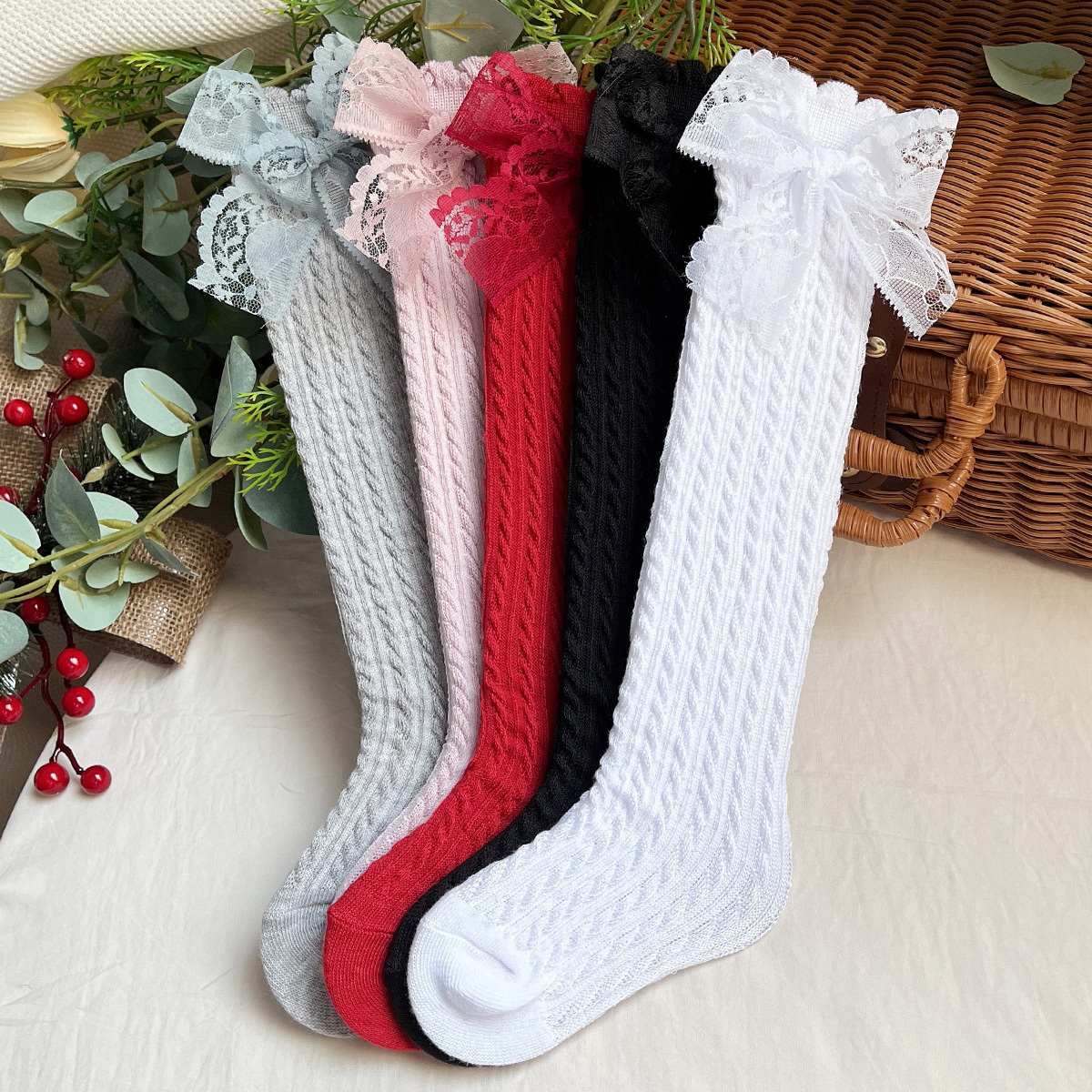 5 Pairs Girls' Bow-knot Autumn Winter Long Solid Color Socks, Halloween