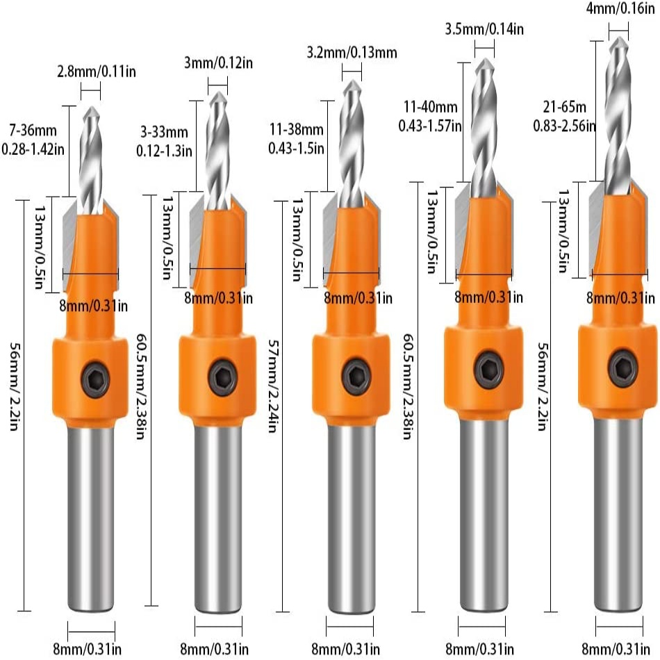 5pcs 8mm Round Shank Hss Woodworking Countersink Drill Bit Set 2 8 4mm