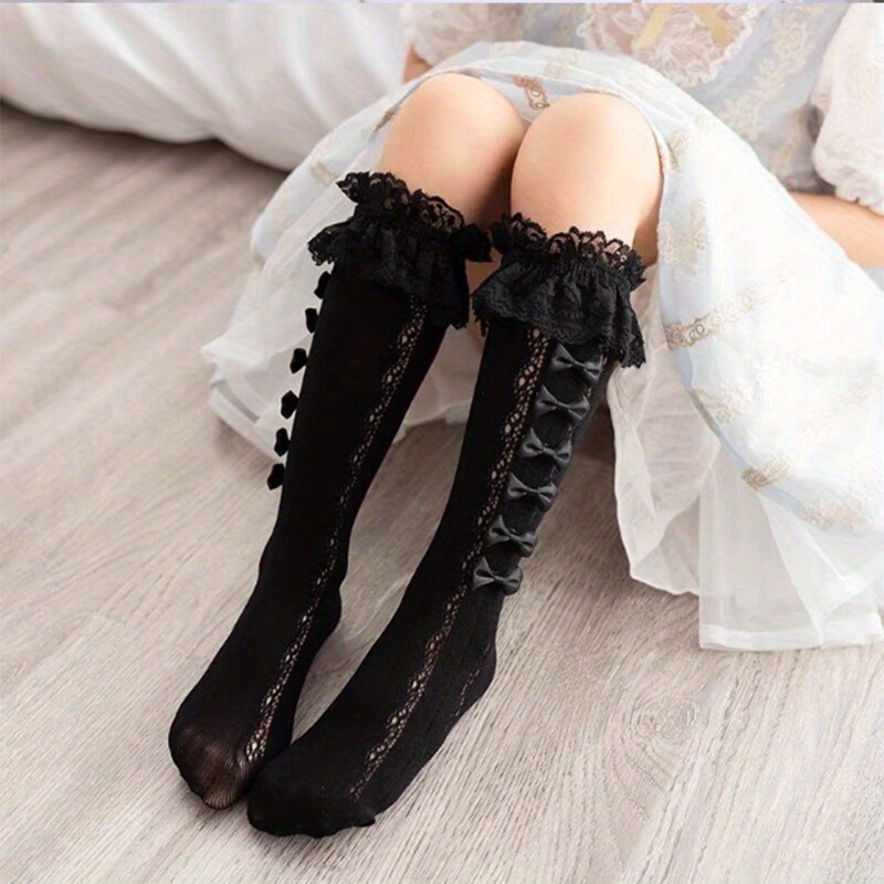 Meisjes' Lente/Zomer Cartoon Prinses Sokken met Ruches en Boog, Ademende Mid-Calf Sokken, 51% Spandex 49% Polyester, Alleen Hand Was, Bruiloft Bruidmeisje Accessoire