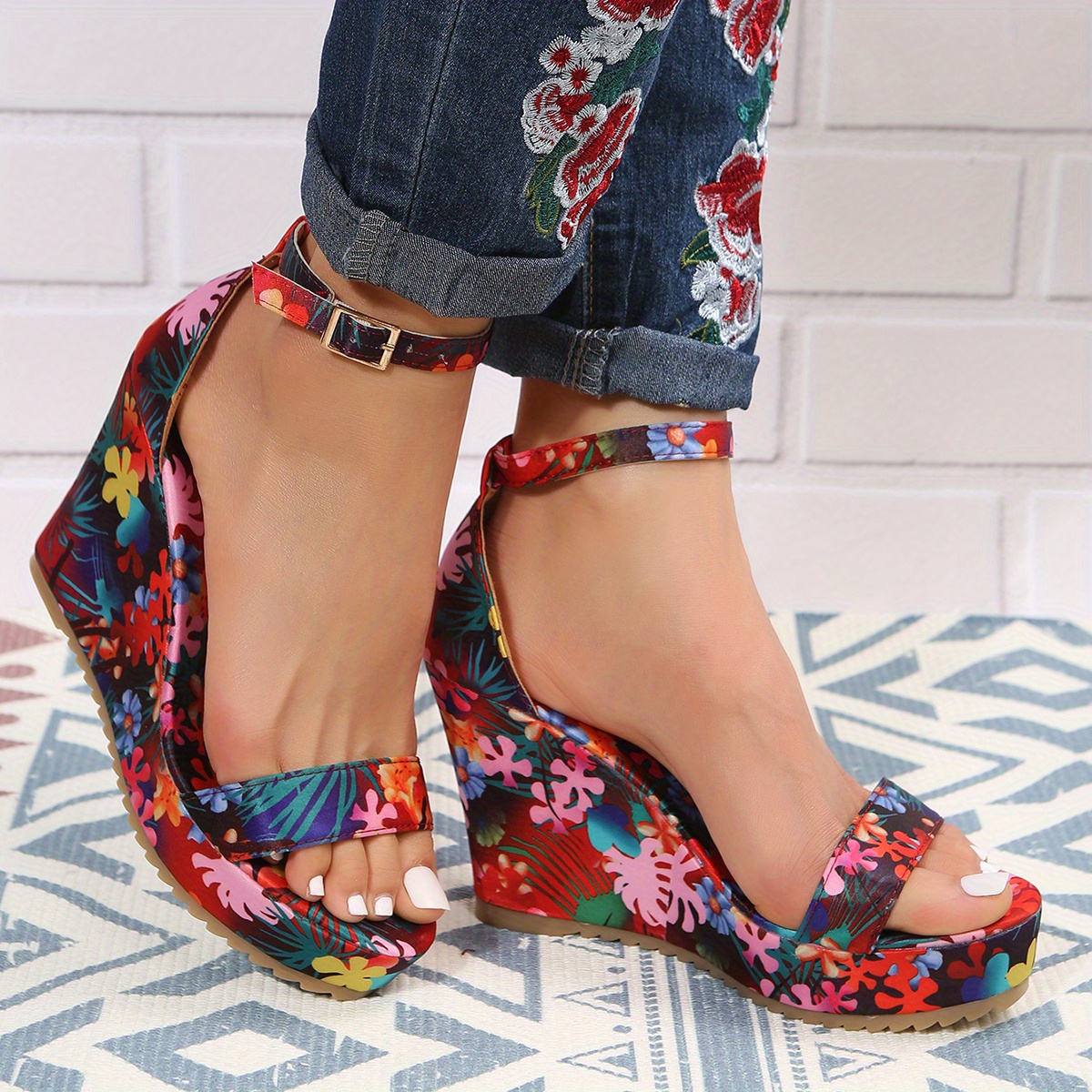  Womens Fashion Wedge Straw High Heels Ankle Strap Bownot  Slingback Sandals Open Toe Flower Platform Summer Shoes