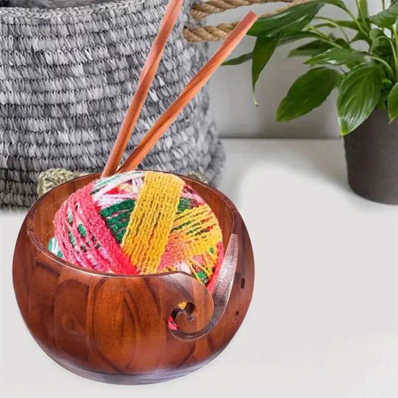 WILLBOND Wooden Yarn Bowl, 6 x 3 Inches Knitting Yarn Bowls with Holes  Crochet Bowl Holder Handmade Yarn Storage Bowl for DIY Knitting Crocheting