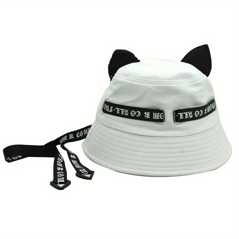 Gothic Cat Streamer Bucket Hat Solid Color Hip Hop Basin Hat Outdoor Casual Cartoon Sun Hats,$5.99,White Streamer Bucket Hat