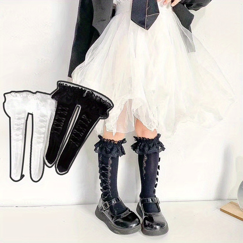 Meisjes' Lente/Zomer Cartoon Prinses Sokken met Ruches en Boog, Ademende Mid-Calf Sokken, 51% Spandex 49% Polyester, Alleen Hand Was, Bruiloft Bruidmeisje Accessoire