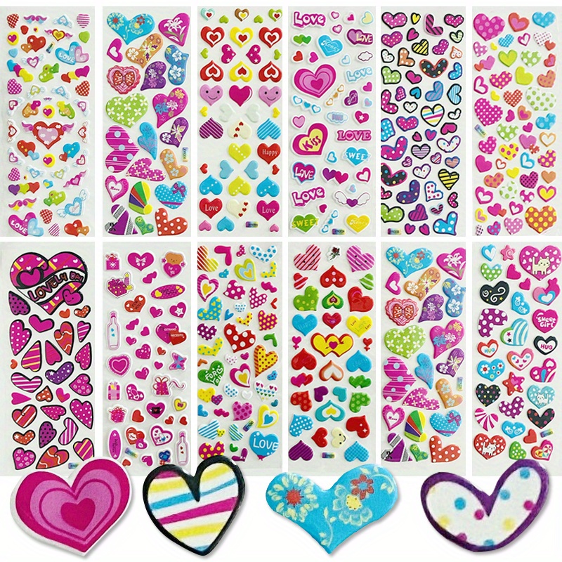 3D Colourful Glitter Heart Sticker Sheet Puffy Heart Stickers Squishy Heart  Planner Stickers Bubble Heart Stickers Sticker Sheet 
