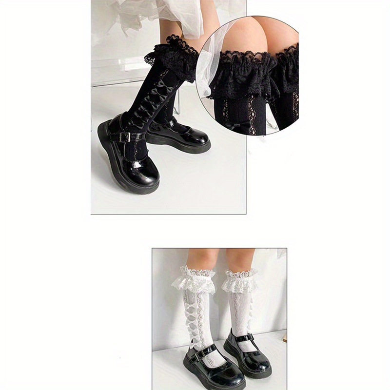 Meisjes' Lente/Zomer Cartoon Prinses Sokken met Ruches en Boog, Ademende Mid-Calf Sokken, 51% Spandex 49% Polyester, Alleen Hand Was, Bruiloft Bruidmeisje Accessoire