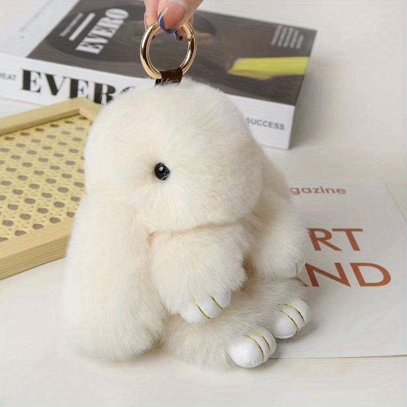 Cute Small Bear Real Rex Rabbit Fur Keychain Plush Toy Girl Bag Hanging  Ornaments Women Car Key Metal Ring Pendant Birthday Gift