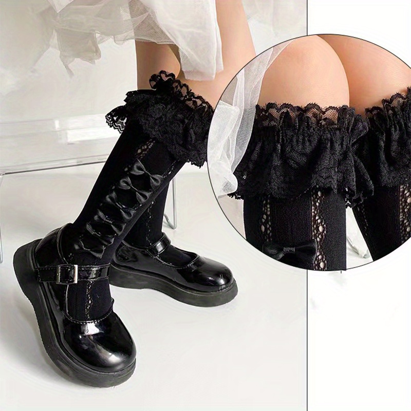 Meisjes' Lente/Zomer Cartoon Prinses Sokken met Ruches en Boog, Ademende Mid-Calf Sokken, 51% Spandex 49% Polyester, Alleen Hand Was, Bruiloft Bruidmeisje Accessoire