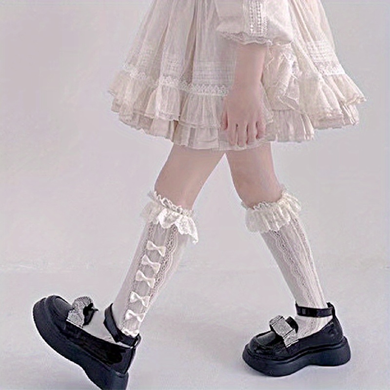 Meisjes' Lente/Zomer Cartoon Prinses Sokken met Ruches en Boog, Ademende Mid-Calf Sokken, 51% Spandex 49% Polyester, Alleen Hand Was, Bruiloft Bruidmeisje Accessoire