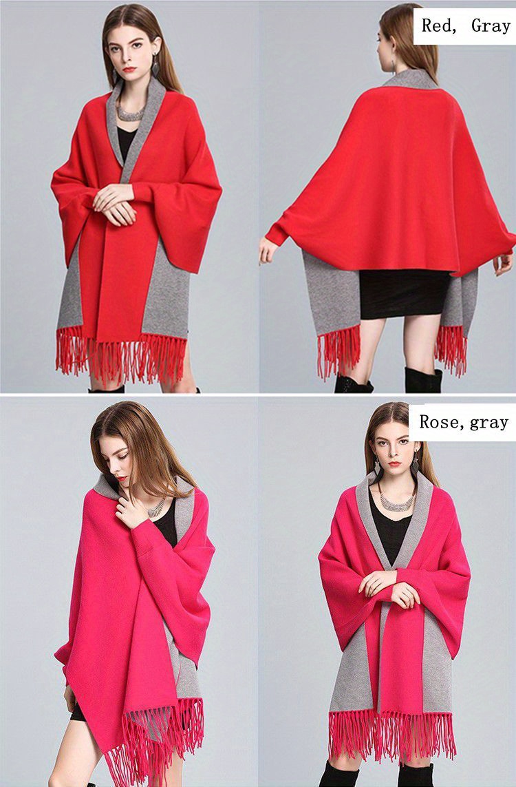  Chales elegantes de doble capa con borla para mujer, poncho de  punto de murciélago, Rojo - : Ropa, Zapatos y Joyería