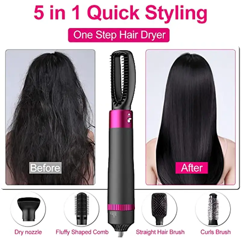 5 in 1 hair dryer brush blow dryer brush styler salon negative ionic electric hot air brush hair straightener curly hair comb blow dryer fluffy shaped brush curly brush straight hair brush dry nozzle sets detachable brush hair dryers details 6
