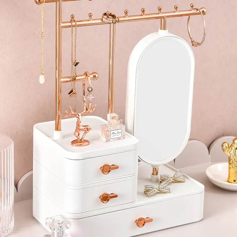 1pc makeup storage box exquisite jewelry box dressing table makeup mirror storage integrated earring necklace rack large capacity drawer desktop organizer with jewelry tower details 7