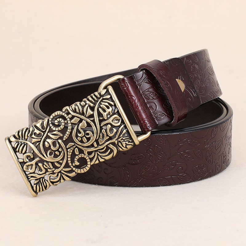 TEMU Vintage Accessory) Elegant Women' Embossed Genuine Leather Belt - Wide, Fashionable Brown With Intricate Golden- Floral Buckle, Casual Or Dressy Occasions