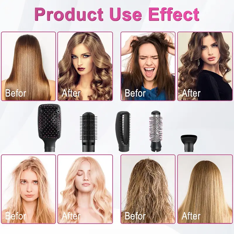 5 in 1 hair dryer brush blow dryer brush styler salon negative ionic electric hot air brush hair straightener curly hair comb blow dryer fluffy shaped brush curly brush straight hair brush dry nozzle sets detachable brush hair dryers details 8