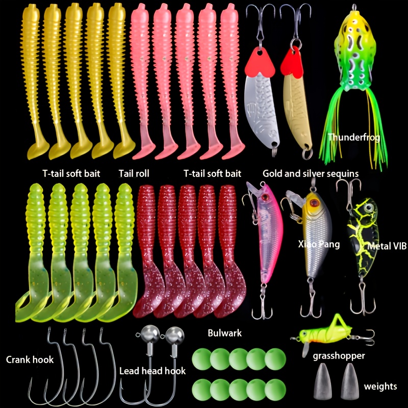 Bass Fishing Lure,65Pcs Soft Worm Bait Fishing Lures Kit with Rubber O  Ring,Artificial Soft Lure Baits for Bass Fishing