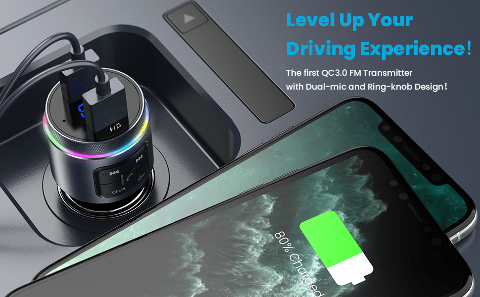 Upgraded V5.0 FM Wireless Transmitter Car, QC3.0 & LED Backlit Wireless FM Radio Adapter Music Player/Car Kit With Hands-Free Calls_voghion.com